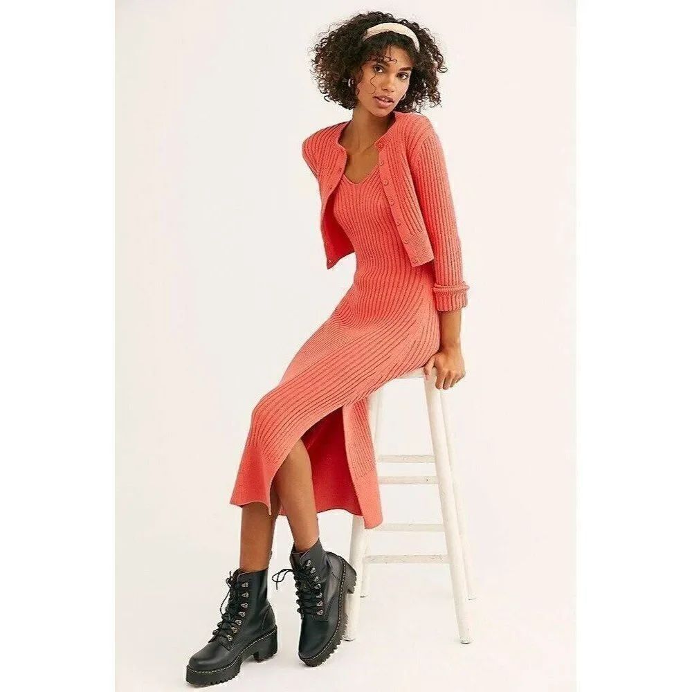 NWT FREE PEOPLE Sz L PHOEBE SET 2 PIECE CARDIGAN AND RIBBED MIDI DRESS SET CORAL